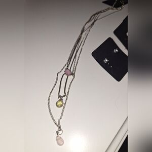 NWOT. Elegant Silver Necklace with Pink and Yellow Accents Plus 4 pair earrings.